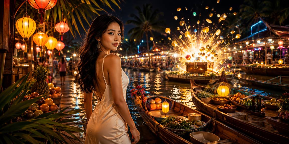 Khung cảnh chơi slot game tại khu phố đêm Hội An – không khí sôi động, đầy màu sắc